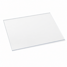 Square clear acrylic sheet flat on white, slim bright edge showing the thin extruded section