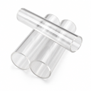 Clear acrylic tube lying across two others on white, thin-walled sawn ends towards the camera