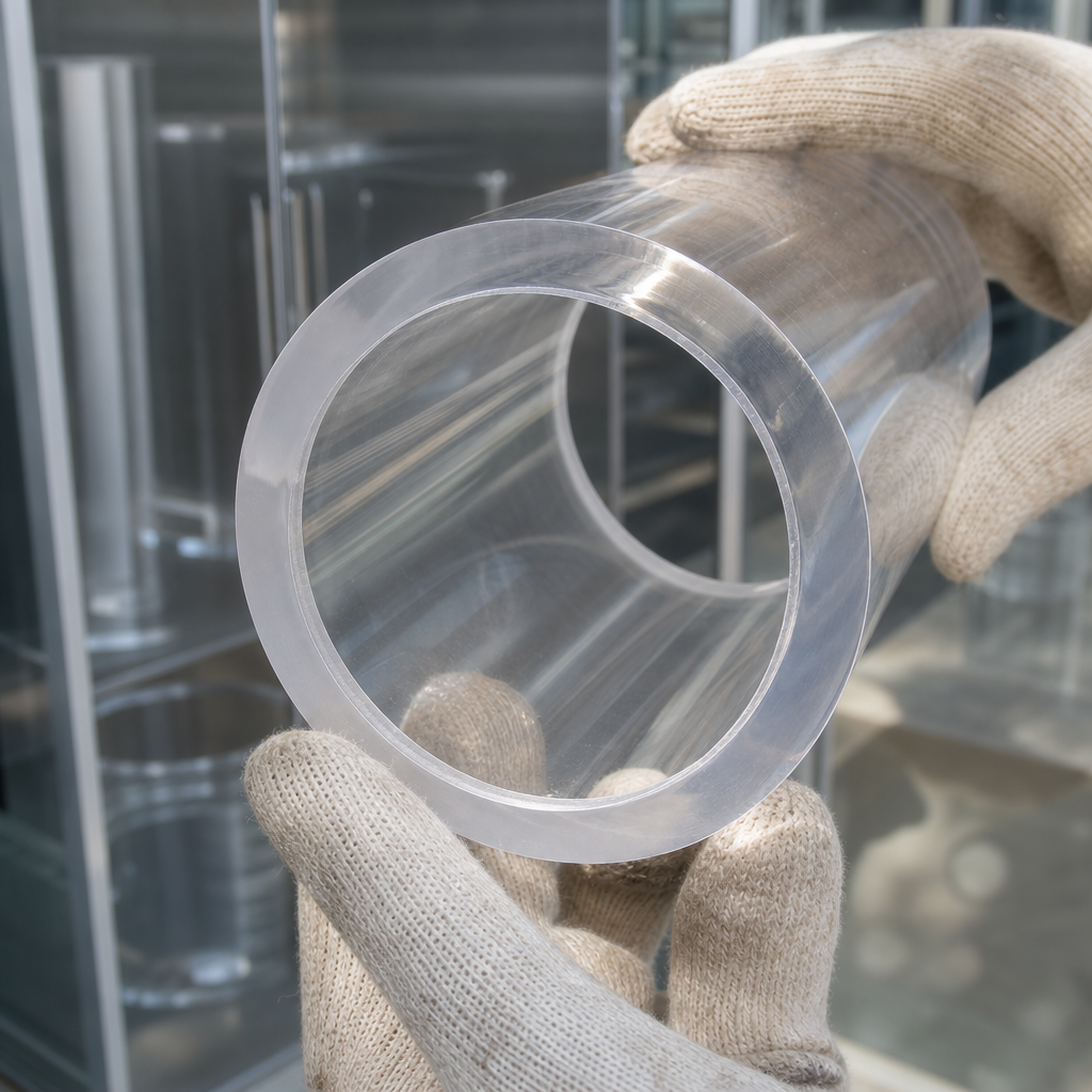 Close-up of gloved hands holding a clear acrylic tube with a thick sawn wall, looking down the bore.