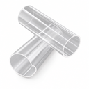 Two large clear acrylic tubes crossed one over the other, cut ends to camera, on a white studio background.