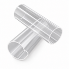 Two large clear acrylic tubes crossed one over the other, cut ends to camera, on a white studio background.