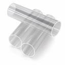 Three clear acrylic tubes stacked in a T, ring-shaped sawn ends facing the camera, white studio background