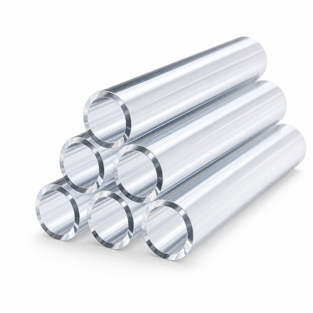 Six clear acrylic tubes piled in a neat stack on white, bright ring ends facing the viewer