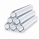 Six clear acrylic tubes piled in a neat stack on white, bright ring ends facing the viewer