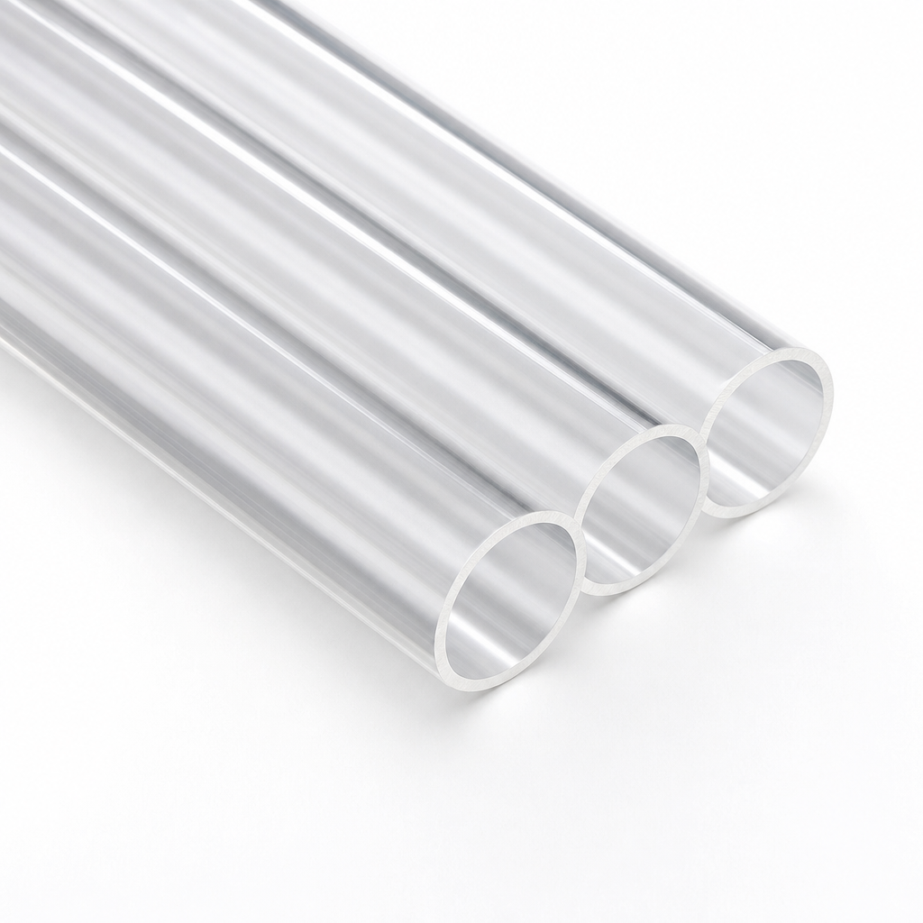 Three long clear acrylic tubes running away from the viewer on white, thin-walled bores in the foreground