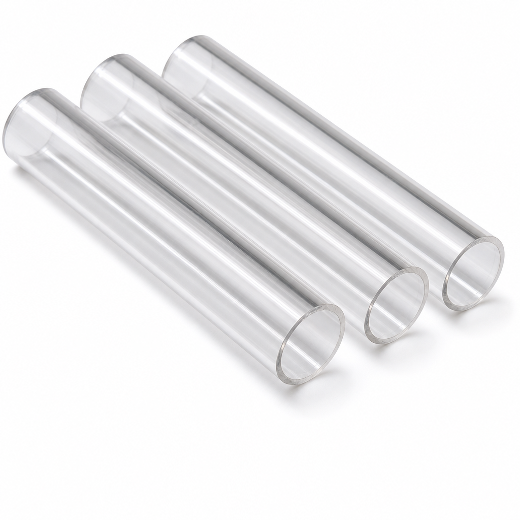 Three matching clear acrylic tubes laid in a row on plain white, open bores angled towards the viewer