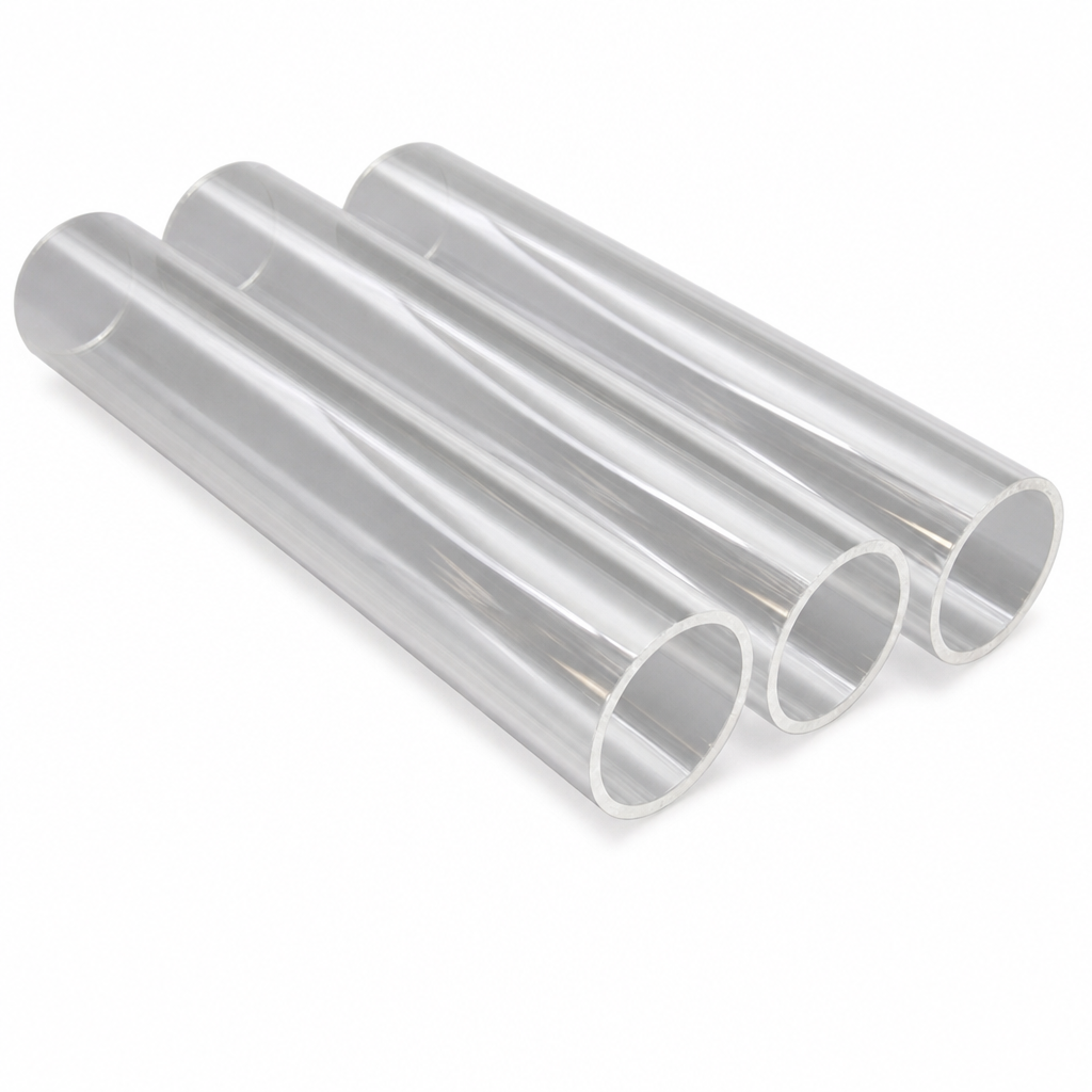 Trio of clear acrylic tubes resting together on a white studio ground, ring-shaped sawn ends to the front