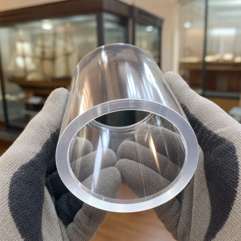 Grey-gloved hands holding a clear acrylic tube with the bore towards the camera, glass display cases behind.