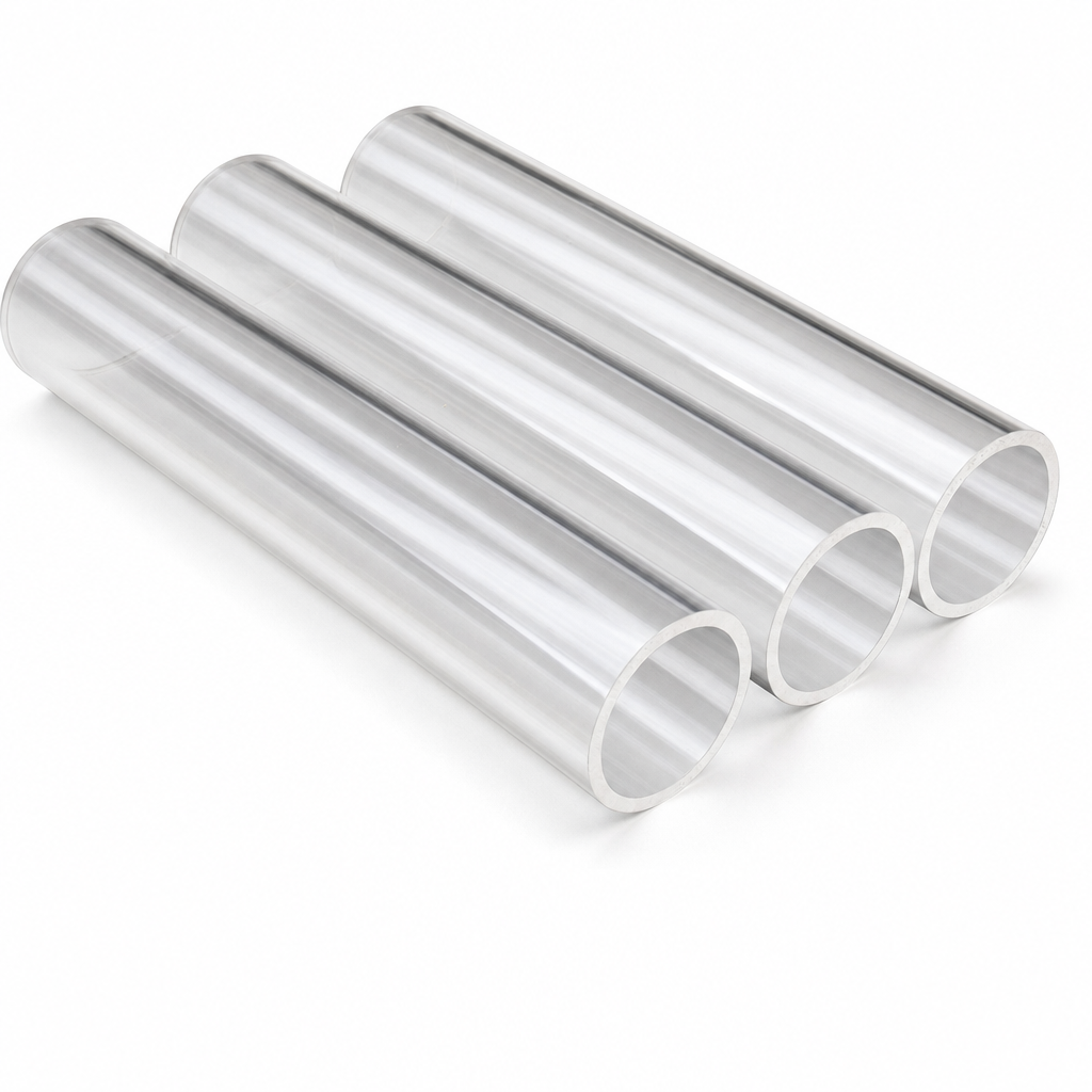 Three broad clear acrylic tubes set in a row on white, open ends stepping back towards the right