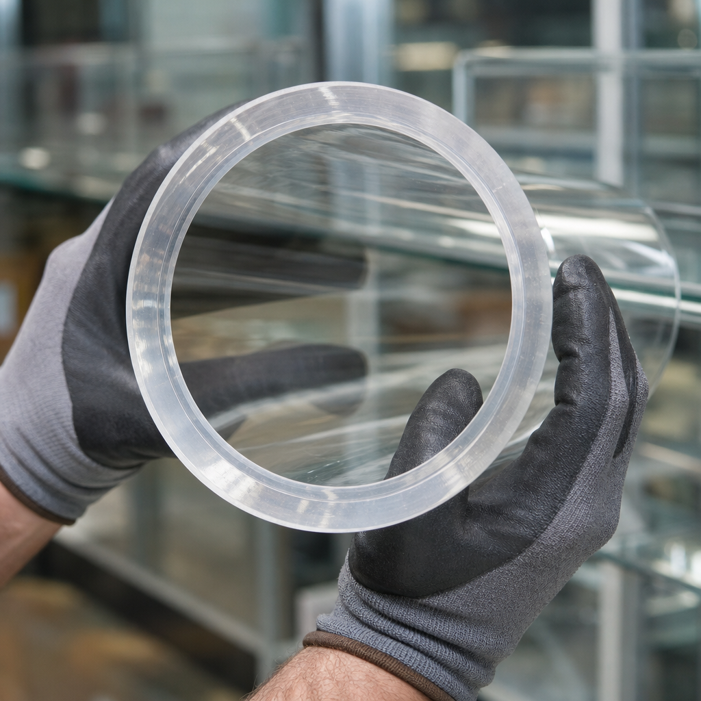 Gloved hands holding a large clear acrylic tube end-on, showing the thick sawn wall, glass shelving behind.