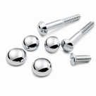 Three chrome mirror screws in two lengths beside five polished chrome dome caps on a white background