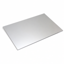 Silver acrylic mirror sheet laid at an angle on white, bright reflective face and thin dark cut edge