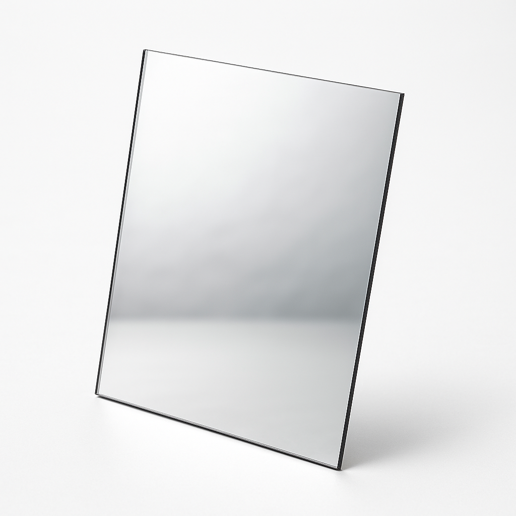 Square polycarbonate mirror sheet standing upright on white, reflective face and a thin dark edge
