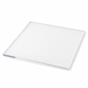 Square colourless clear acrylic sheet angled on a white studio background, polished edges showing its thickness