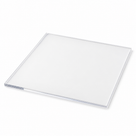 Square colourless clear acrylic sheet angled on a white studio background, polished edges showing its thickness