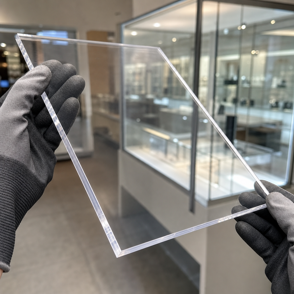Dark-gloved hands holding a clear acrylic sheet in a showroom, glazed display cabinets seen through it