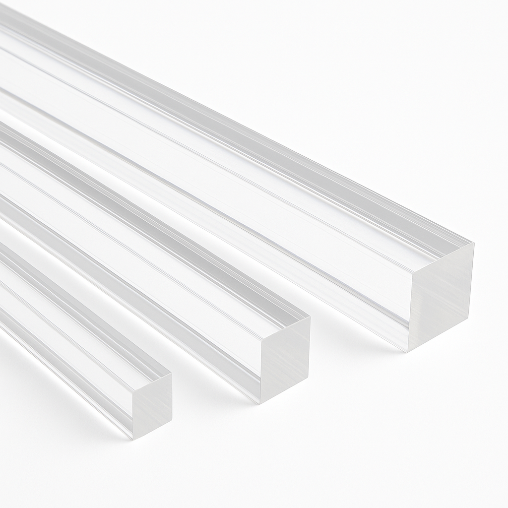 Three clear acrylic square rods in graduating sizes laid at an angle on white, square cut ends to the front