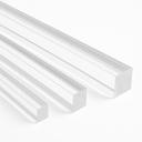 Three clear acrylic square rods in graduating sizes laid at an angle on white, square cut ends to the front