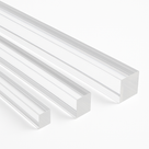 Three clear acrylic square rods in graduating sizes laid at an angle on white, square cut ends to the front