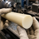 Smooth ivory nylon 6.6 rod held end-on in cream gloves, lathe chuck and swarf blurred behind