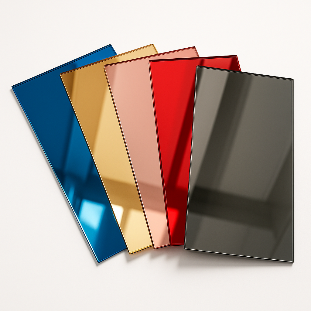 Five mirrored acrylic sheets fanned out on white in blue, gold, rose, red and graphite