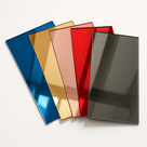 Five mirrored acrylic sheets fanned out on white in blue, gold, rose, red and graphite