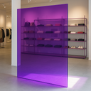 Large purple tinted acrylic panel standing in a clothing shop, shelved displays visible through the sheet
