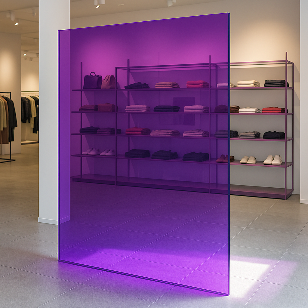 Large purple tinted acrylic panel standing in a clothing shop, shelved displays visible through the sheet
