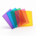 Six translucent acrylic sheets fanned on white in purple, blue, green, pink, orange and yellow