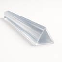 Single clear acrylic triangular rod on a white studio background, three-sided cut end towards the viewer