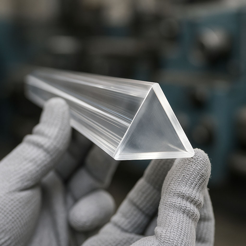 White-gloved hands holding a clear triangular acrylic rod in a workshop, blue machinery blurred behind