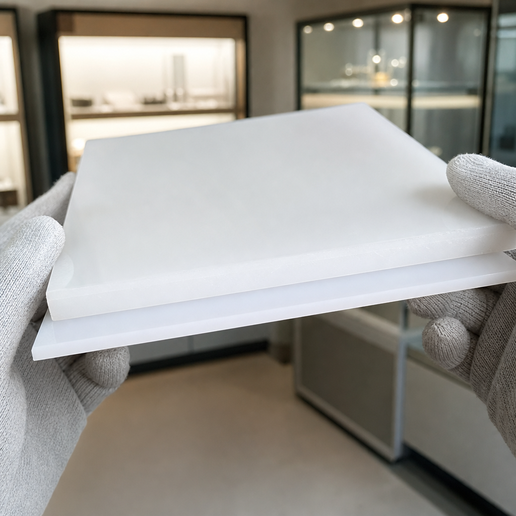 Gloved hands holding two white opal acrylic sheets of differing thickness, jewellery display cases behind