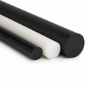 Two black and one white polyethylene rod lengths on a white background, circular cut ends to the right