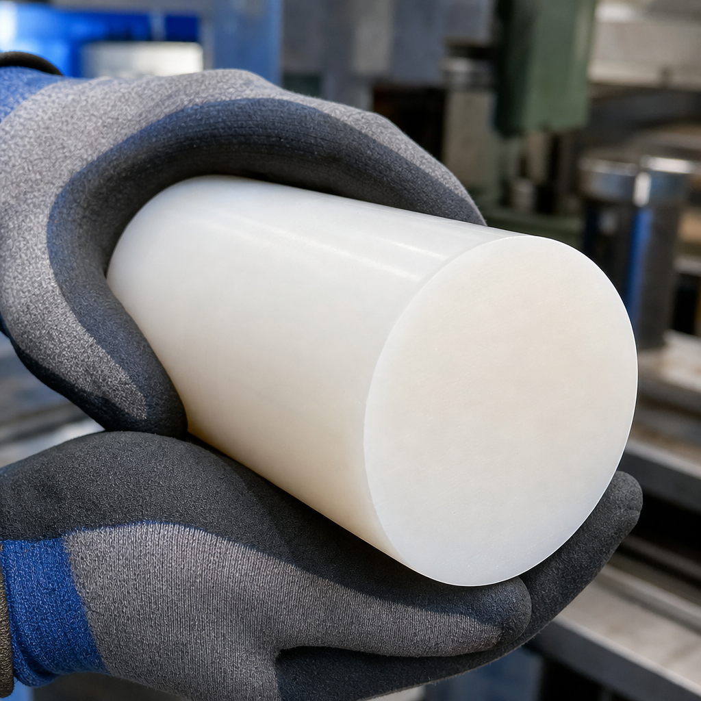 Thick natural white polyethylene rod gripped in blue and grey gloves, wide end face angled forward