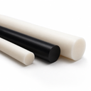 Polyethylene rods in natural cream, black and white lined up on a white background, ends to the front