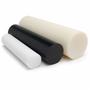 Three HDPE rod lengths in cream, black and white stacked on a white background, cut ends visible