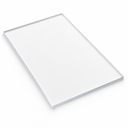 Upright-format clear acrylic panel angled on white, thin pale edges marking its thickness