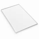 Upright-format clear acrylic panel angled on white, thin pale edges marking its thickness