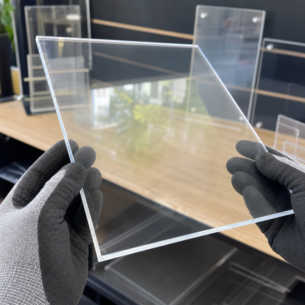 Gloved hands holding a clear acrylic panel above a bench of acrylic sign holders and stands