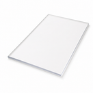 Clear acrylic panel resting flat on white, a bright highlight running the length of its cut edge