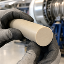 Slim pale tan PEEK rod held in a grey knitted glove, turbine assembly out of focus behind