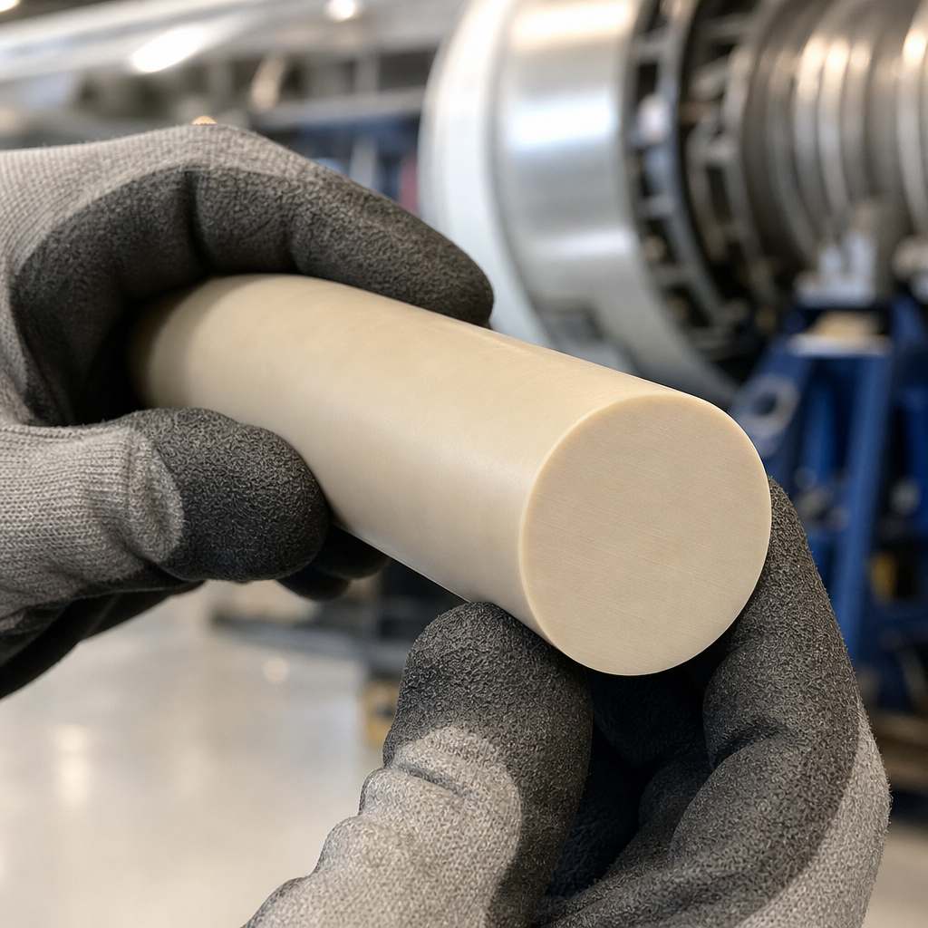 Slim pale tan PEEK rod held in a grey knitted glove, turbine assembly out of focus behind