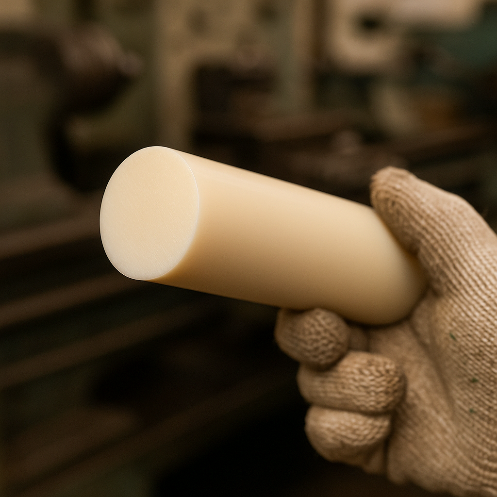 Gloved hand holding a cream-coloured plastic rod pointing toward the camera in a dim workshop