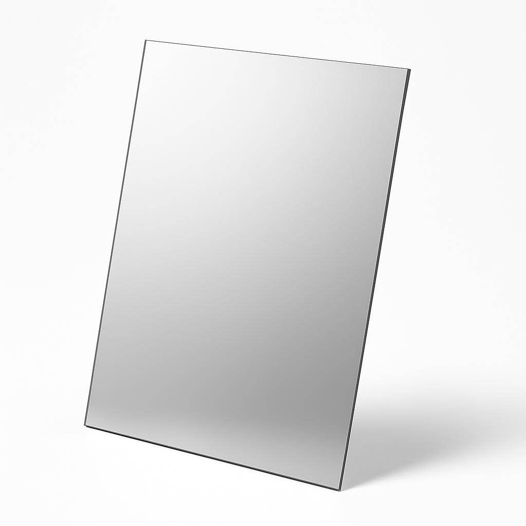 Slim silver mirrored acrylic sheet standing upright at an angle on a plain white studio background