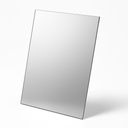 Slim silver mirrored acrylic sheet standing upright at an angle on a plain white studio background