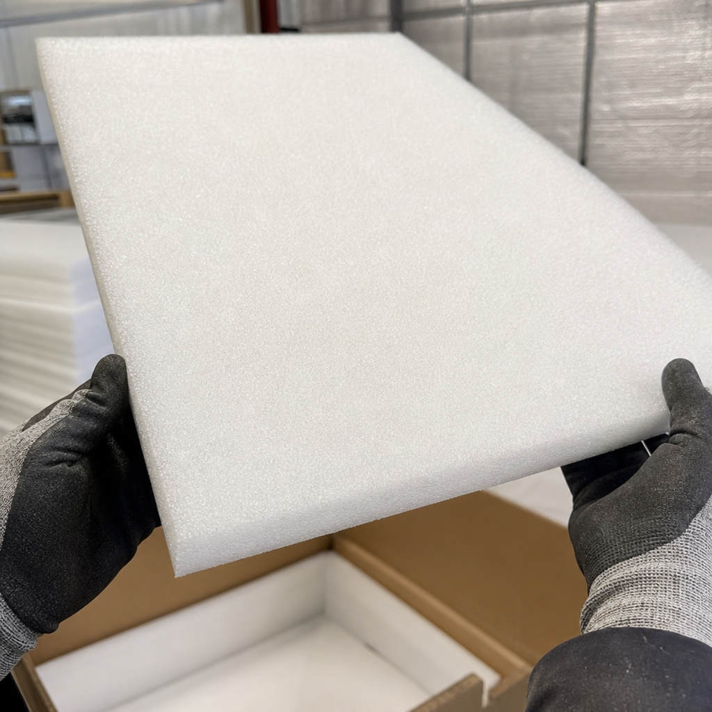 Gloved hands lifting a white polyethylene foam sheet from a cardboard box in a warehouse