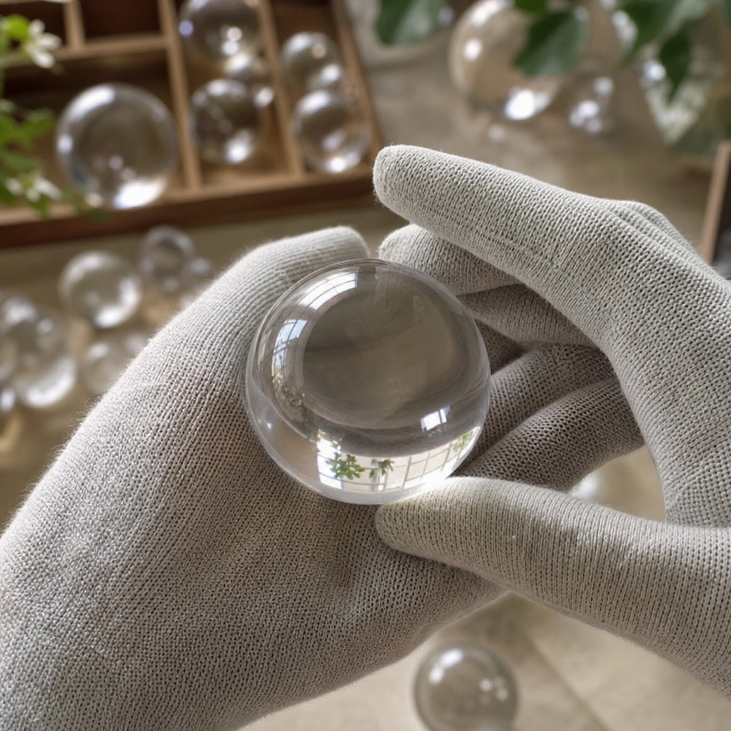 Clear acrylic sphere held between gloved fingers with more spheres behind