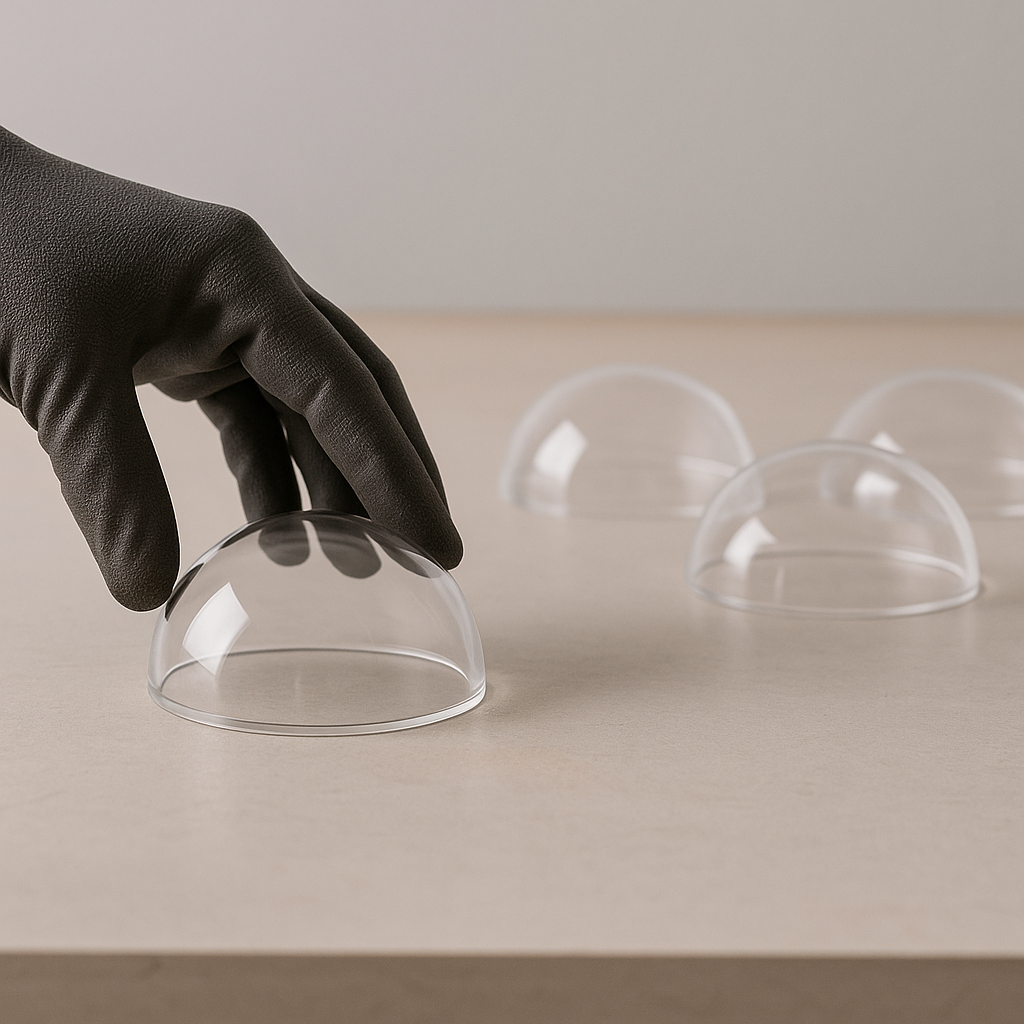 Dark-gloved hand lifting a clear acrylic dome from a pale worktop, three more half balls resting behind