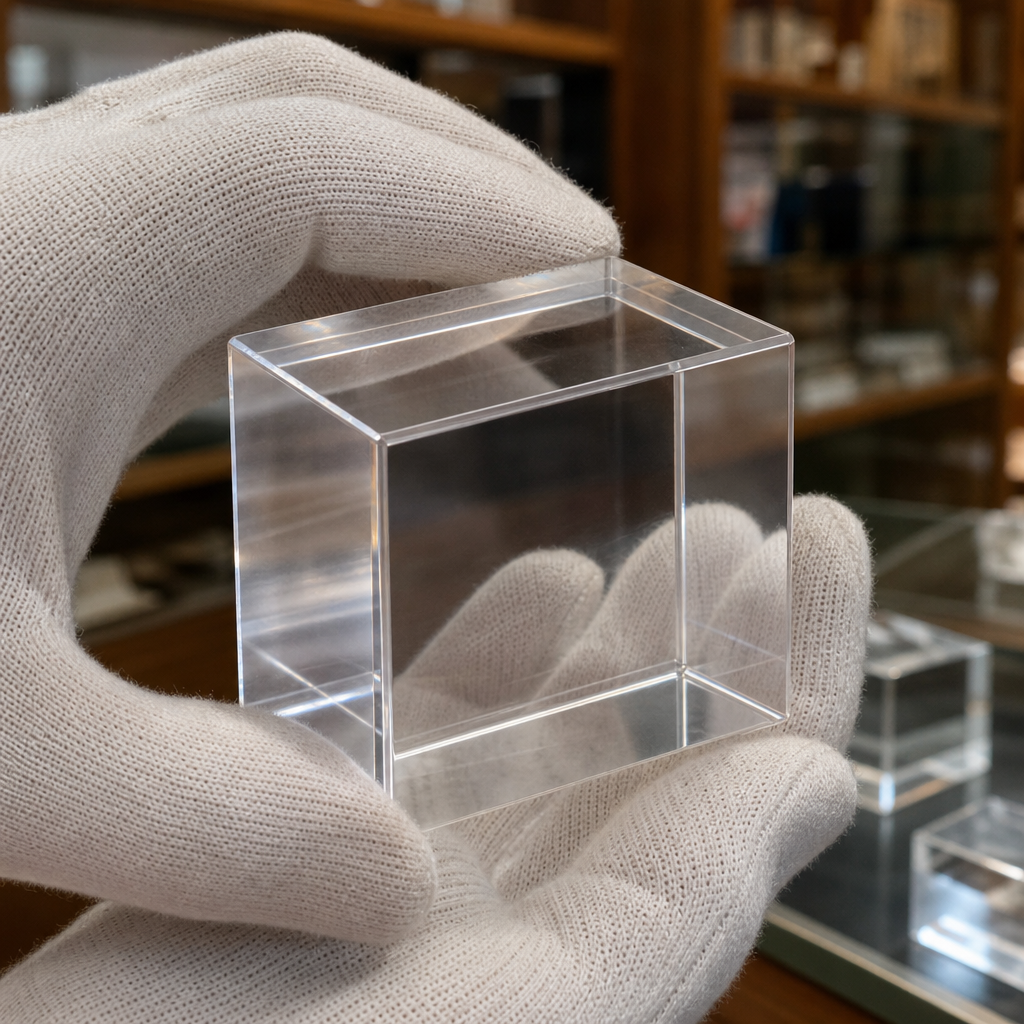 White-gloved fingers holding a rectangular clear acrylic block, further clear blocks on the shelf behind