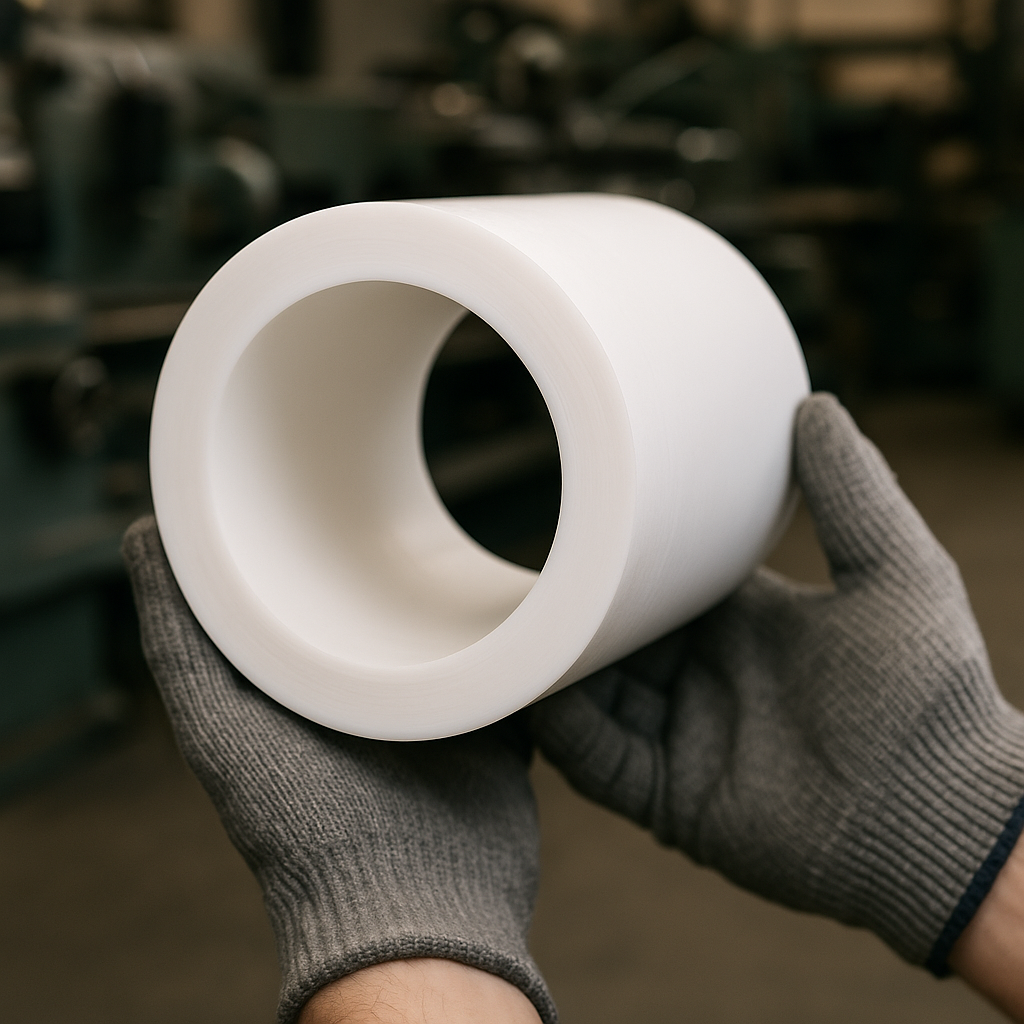 Grey-gloved hands holding a thick-walled white PTFE tube with the open bore forward, blurred machine shop behind
